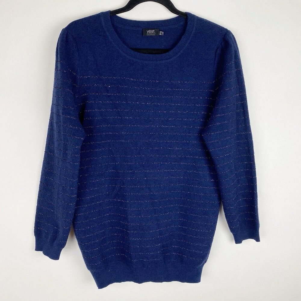 Yest Netherlands Metallic Striped Crew Neck Pullover Sweater Womens 6 Navy